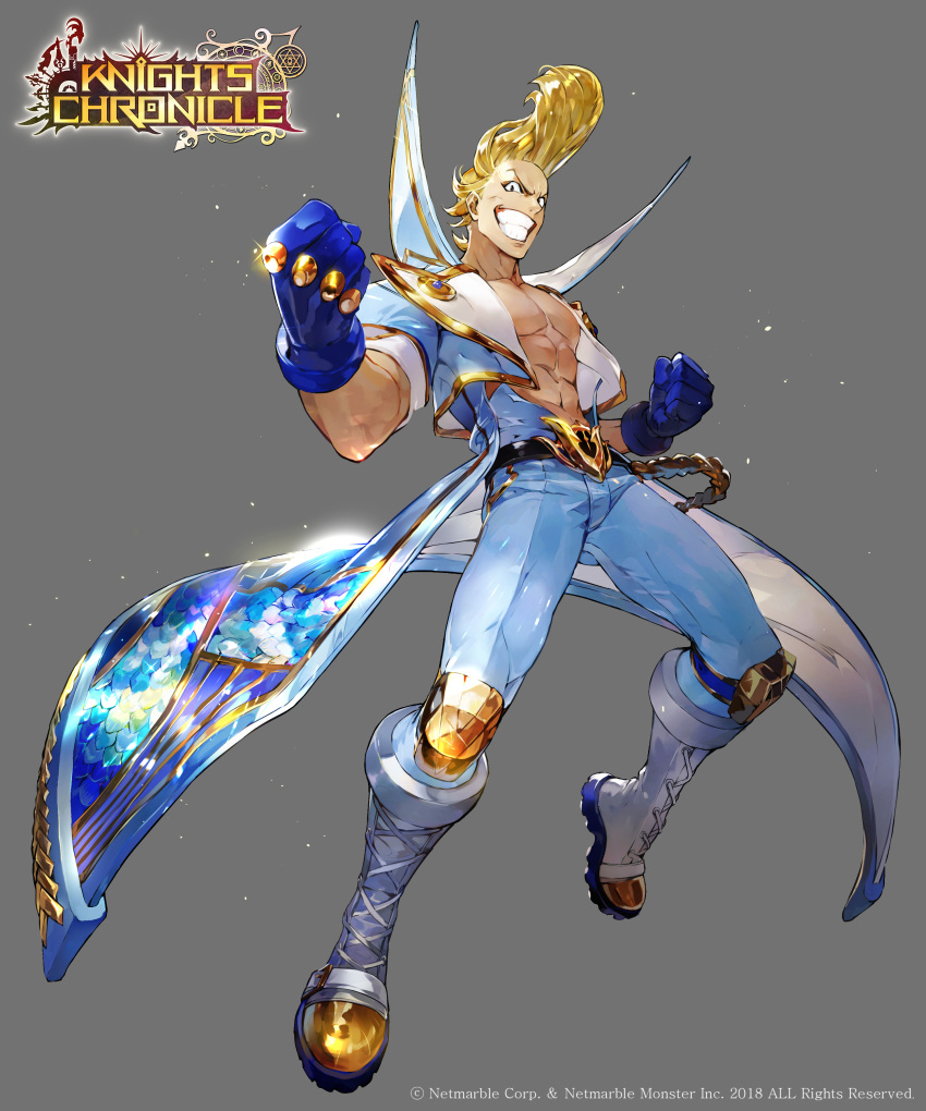 1boy abs absurdres belt blonde_hair boots copyright_name full_body gloves grey_background highres knights_chronicle official_art open_clothes open_shirt pompadour solo sparkle taiyo_(knights_chronicle) teeth yon_(yonana)