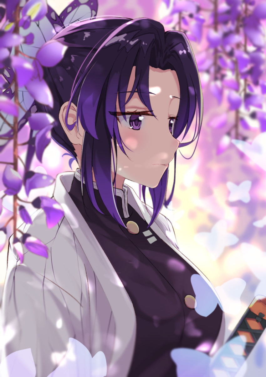 1girl bangs black_hair black_jacket blurry blurry_background blurry_foreground breasts bug butterfly butterfly_hair_ornament closed_mouth commentary_request depth_of_field flower gradient_hair hair_ornament highres hikashou insect jacket katana kimetsu_no_yaiba kochou_shinobu looking_away multicolored_hair open_clothes parted_bangs purple_flower purple_hair small_breasts solo sword upper_body violet_eyes weapon wisteria