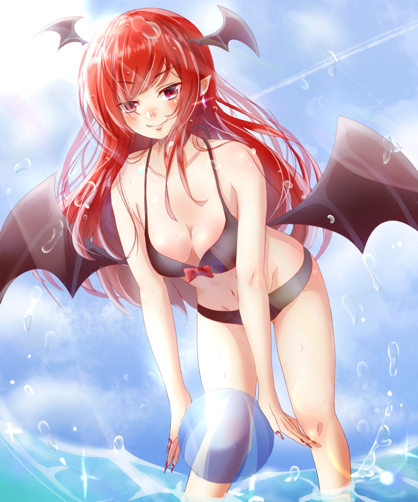 &gt;:) 1girl absurdres alternate_costume ball bat_wings bikini black_bikini blush breasts clouds collarbone commentary_request eyebrows_visible_through_hair fangs fangs_out fingernails gumi_(fwjn7284) head_wings highres koakuma leaning_forward lens_flare long_hair looking_at_viewer low_wings medium_breasts nail_polish navel outdoors pointy_ears red_eyes redhead sharp_fingernails sky smile solo swimsuit touhou very_long_hair wading water wings