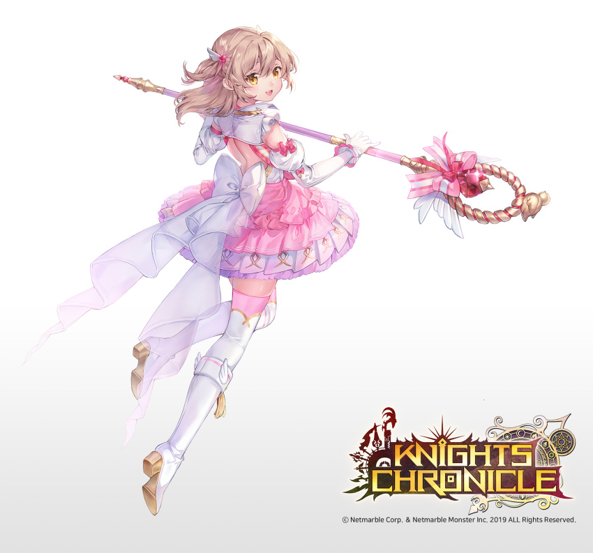 1girl adcd back boots bow brown_eyes brown_hair copyright_name full_body gem gloves hair_ornament heart highres knights_chronicle leona_(knights_chronicle) long_hair official_art open_mouth solo sparkle staff teeth thigh-highs white_background