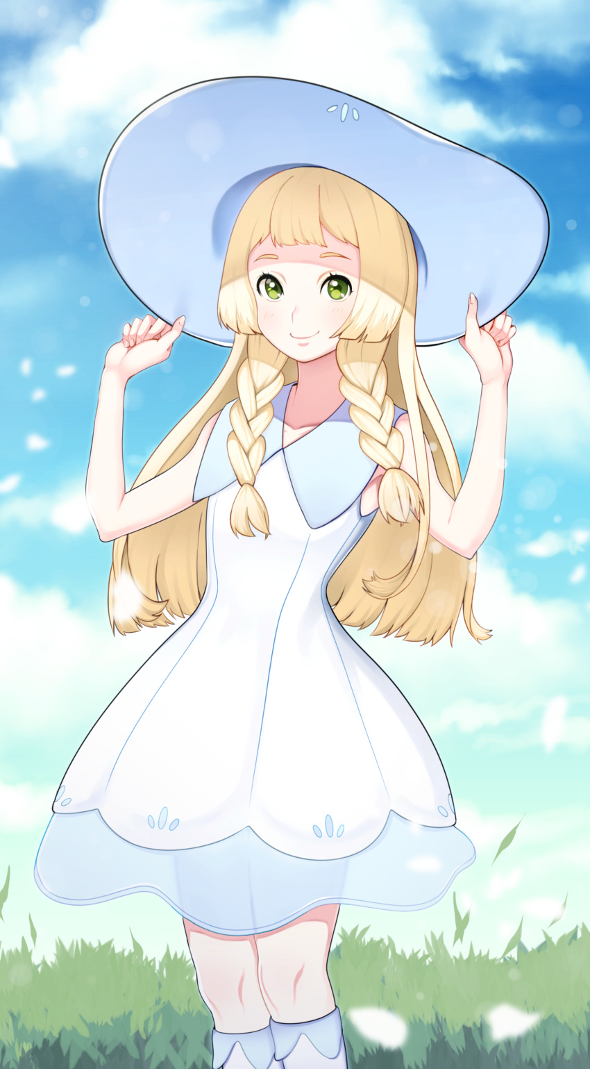 1girl absurdres bangs blonde_hair blush braid commentary dress green_eyes hat highres lillie_(pokemon) long_hair looking_at_viewer open_mouth outdoors pokemon pokemon_(game) pokemon_sm short_hair smile solo standing sundress twin_braids white_dress yuno65