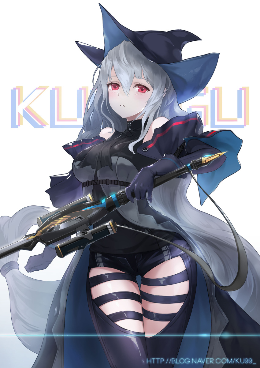 1girl absurdres arknights bangs bare_shoulders belt black_belt black_gloves black_pants black_shirt black_sleeves claymore_(sword) eyebrows_behind_hair gloves grey_hair hair_between_eyes hat highres ku99_(kugugu) long_hair looking_at_viewer low-tied_long_hair pants parted_lips red_eyes shirt skadi_(arknights) thigh_cutout