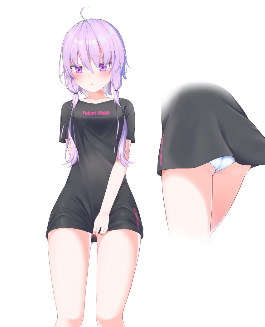 1girl alternate_costume ass ass_visible_through_thighs black_shirt blush breasts character_name commentary_request highres menbou_(menbow3v) multiple_views no_pants panties pantyshot pantyshot_(standing) purple_hair shirt shirt_tug short_hair_with_long_locks simple_background small_breasts standing thighs twintails underwear violet_eyes vocaloid voiceroid white_background white_panties yuzuki_yukari