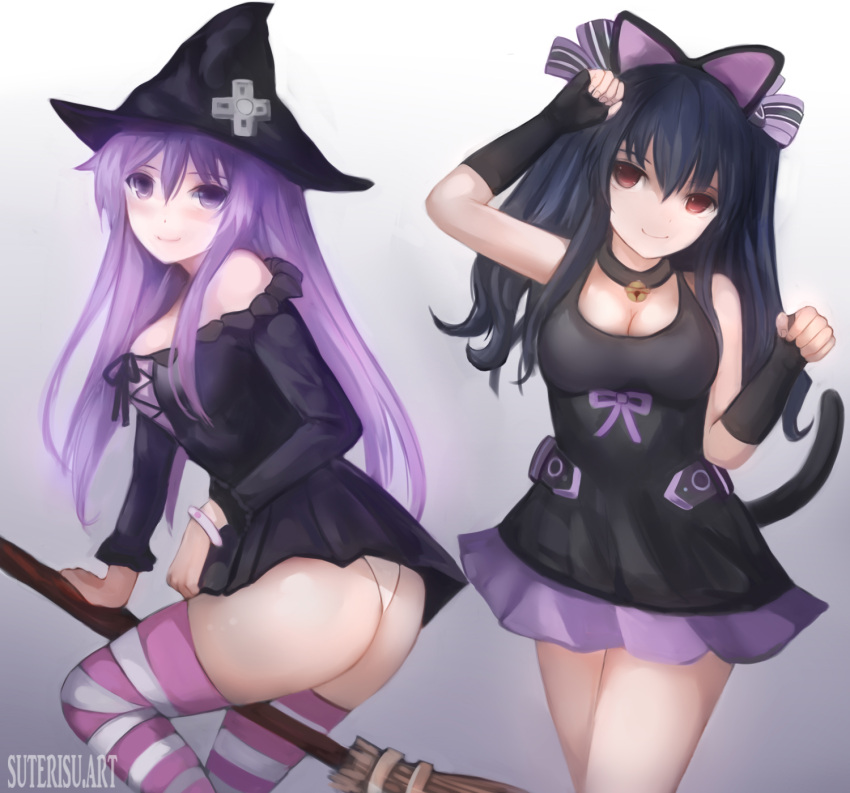 2girls alternate_breast_size animal_ears artist_name artstation_username ass black_hair breasts broom broom_riding cat_ears cat_tail d-pad d-pad_hair_ornament gloves hair_ornament hair_ribbon halloween hat highres long_hair medium_breasts multiple_girls nepgear neptune_(series) paw_pose purple_hair red_eyes ribbon skirt smile striped striped_legwear suterisu tail thigh-highs uni_(neptune_series) violet_eyes witch witch_hat