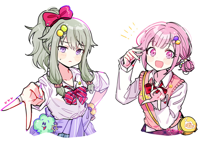 ! 2girls absurdres badge bag blush bow button_badge buttons candy_hair_ornament closed_mouth clothes_around_waist collared_shirt commentary_request diagonal-striped_bowtie dress_shirt fingernails food food-themed_hair_ornament green_hair hair_ornament hair_up hand_on_own_hip hand_up heart highres jacket jacket_around_waist jewelry kusanagi_nene long_hair long_sleeves looking_at_viewer low_tied_sidelocks multiple_girls nail_polish ootori_emu open_mouth pink_eyes pink_hair pink_nails pink_sweater_vest pjmiyo ponytail project_sekai red_bow ring shirt shoulder_bag simple_background star_(symbol) sweater_vest taiyaki v violet_eyes wagashi white_background white_shirt yellow_bag