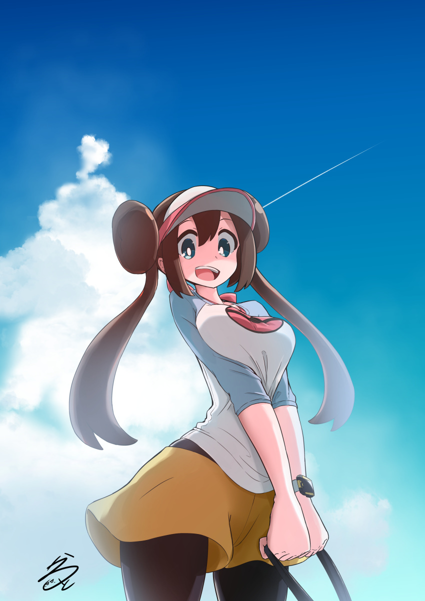 1girl absurdres artist_name bangs black_legwear blue_eyes blue_sky breast_squeeze breasts brown_hair clouds cloudy_sky commentary_request condensation_trail day highres holding large_breasts long_hair long_sleeves looking_at_viewer mei_(pokemon) not_on_shana open_mouth outdoors pantyhose partial_commentary poke_ball_symbol pokemon pokemon_(game) pokemon_bw2 raglan_sleeves shirt short_shorts shorts signature sky smile solo standing twintails v_arms visor_cap watch watch white_shirt yellow_shorts