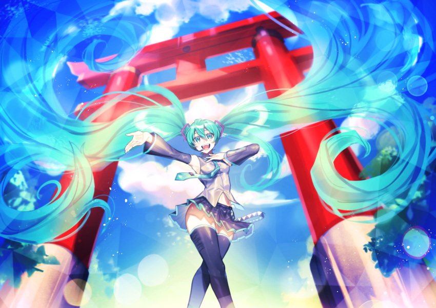 1girl :d absurdly_long_hair absurdres black_legwear black_skirt black_sleeves blue_eyes blue_hair blue_neckwear blue_sky day detached_sleeves dress_shirt floating_hair from_below grey_shirt hatsune_miku headphones headset highres ichimonjikun2 lens_flare long_hair long_sleeves microphone midriff miniskirt music necktie open_mouth outdoors outstretched_arm pleated_skirt shiny shiny_clothes shiny_hair shirt singing skirt sky sleeveless sleeveless_shirt smile solo standing stomach thigh-highs torii twintails very_long_hair vocaloid zettai_ryouiki