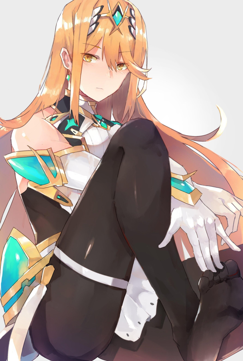 1girl absurdres bangs black_legwear blonde_hair chest_jewel closed_mouth earrings elbow_gloves eyebrows_visible_through_hair gem gloves headpiece highres mythra_(xenoblade) jewelry mono_(jdaj) shoulder_armor xenoblade_(series) xenoblade_2 yellow_eyes