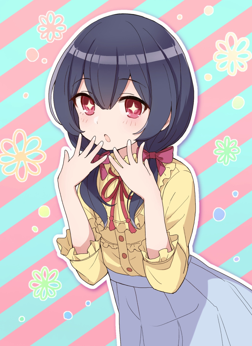 +_+ 1girl :o bangs black_hair blue_skirt blush bow ddak5843 diagonal-striped_background diagonal_stripes eyebrows_visible_through_hair floral_background frilled_shirt_collar frills hair_between_eyes hair_bow hair_over_shoulder hands_up highres idolmaster idolmaster_shiny_colors long_hair long_sleeves low_twintails morino_rinze neck_ribbon parted_lips pleated_skirt red_bow red_eyes red_ribbon ribbon shirt skirt solo striped striped_background twintails yellow_shirt
