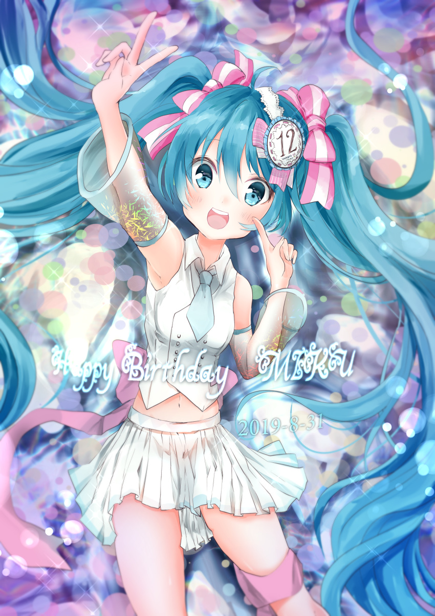absurdres aqua_neckwear arm_up armpits bare_shoulders blue_eyes blue_hair blurry blurry_background blush bow character_name commentary cowboy_shot crop_top dated detached_sleeves double-breasted english_text finger_to_cheek groin hair_ornament hair_ribbon happy_birthday hatsune_miku highres index_finger_raised lace-trimmed_bow long_hair looking_at_viewer medal midriff miniskirt navel necktie open_mouth pink_bow ribbon ronsyoro_(twitter) see-through see-through_sleeves shirt short_necktie skirt sleeveless sleeveless_shirt smile striped striped_ribbon thigh_strap twintails v very_long_hair vocaloid waist_bow white_shirt white_skirt
