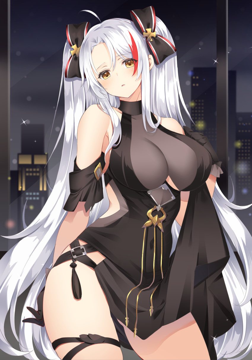 1girl absurdres ahoge alternate_costume azur_lane bangs black_dress black_gloves blush bow breasts brown_eyes cityscape contrapposto cowboy_shot dress gloves hair_between_eyes highres indoors large_breasts long_hair looking_at_viewer multicolored_hair night open_mouth prinz_eugen_(azur_lane) prinz_eugen_(cordial_cornflower)_(azur_lane) redhead sidelocks silver_hair solo streaked_hair thighs two_side_up very_long_hair window yuzu-aki