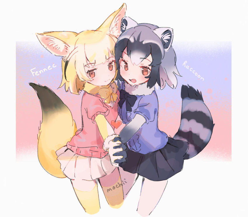 2girls :3 animal_ear_fluff animal_ears artist_name black_gloves black_hair black_neckwear blonde_hair blue_sweater blush bow bowtie commentary common_raccoon_(kemono_friends) cowboy_shot elbow_gloves eyebrows_visible_through_hair fang fennec_(kemono_friends) fox_ears fox_girl fox_tail fur_collar fur_trim gloves grey_gloves grey_hair grey_legwear grey_skirt highres holding_hands kemono_friends mochii multicolored_hair multiple_girls open_mouth pantyhose pink_skirt pink_sweater pleated_skirt puffy_short_sleeves puffy_sleeves raccoon_ears raccoon_girl raccoon_tail red_eyes short_hair short_sleeves skirt sweater tail thigh-highs yellow_gloves yellow_legwear yellow_neckwear zettai_ryouiki