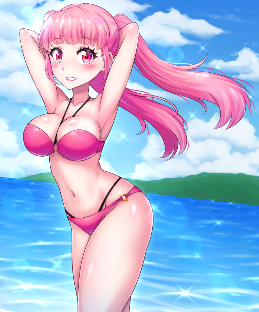 1girl beach bikini blush breasts cowboy_shot cute eco_832 fire_emblem:_three_houses fire_emblem:_three_houses hilda_valentine_goneril intelligent_systems koei_tecmo large_breasts lips long_hair looking_at_viewer navel nintendo o-ring_bikini ocean parted_lips pink_bikini pink_eyes pink_hair pink_swimsuit sexy solo sparkle swimsuit team_ninja twintails water