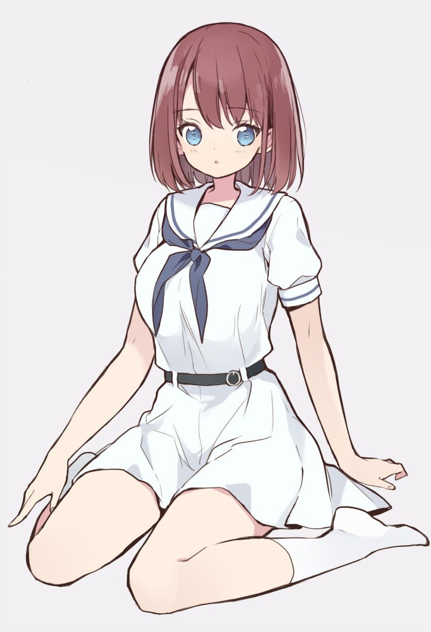 1girl :o bangs belt belt_buckle black_belt blue_eyes blue_neckwear blush breasts brown_hair buckle character_request dress eyebrows_visible_through_hair hair_between_eyes highres itsumi_(itumiyuo) medium_breasts neckerchief no_shoes parted_lips puffy_short_sleeves puffy_sleeves sailor_collar sailor_dress saki school_uniform shiraitodai_school_uniform short_sleeves sitting socks solo wariza white_dress white_legwear white_sailor_collar