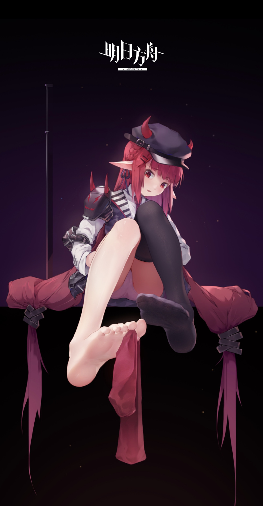 1girl absurdly_long_hair absurdres arknights barefoot black_legwear braid collared_shirt commentary_request copyright_name feet foot_hold hair_ornament hair_ribbon hairclip hat highres horns ice_(dzs1392584271) long_hair long_sleeves necktie panties peaked_cap pink_panties pointy_ears red_eyes redhead ribbon shirt single_thighhigh solo thigh-highs toes underwear very_long_hair white_shirt