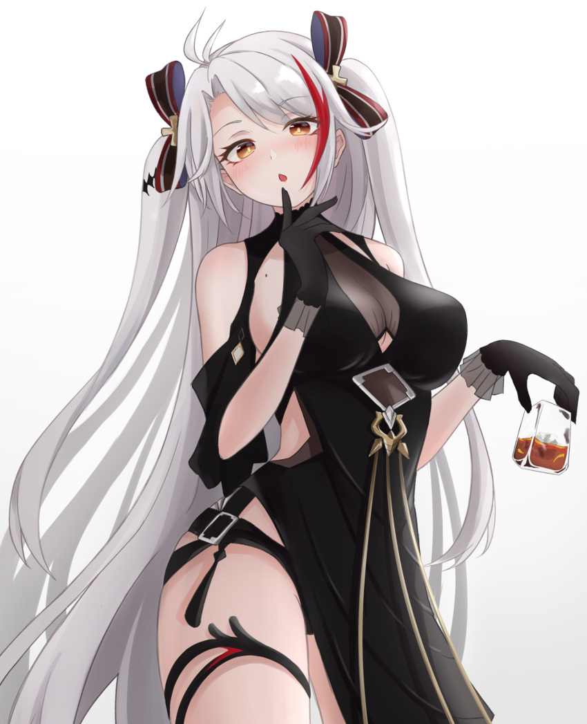 1girl :o alcohol alternate_costume antenna_hair azur_lane bangs black_dress black_gloves blush bow breasts brown_eyes commentary_request contrapposto cup dress gloves gradient gradient_background grey_background hair_between_eyes head_tilt higashigure highres holding holding_cup large_breasts long_hair looking_at_viewer mole mole_on_breast multicolored_hair prinz_eugen_(azur_lane) prinz_eugen_(cordial_cornflower)_(azur_lane) redhead sidelocks silver_hair solo streaked_hair thighs two_side_up very_long_hair