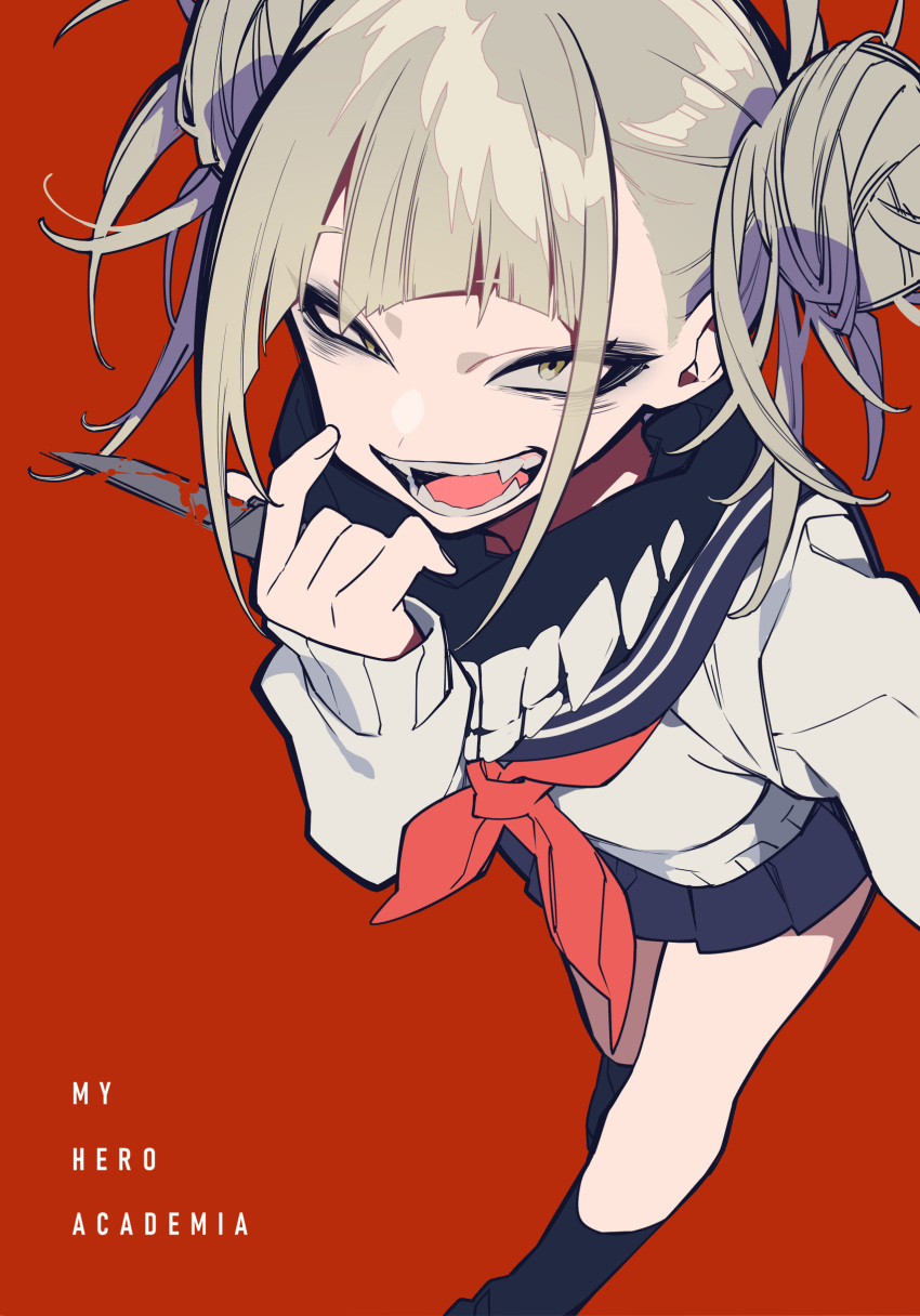 1girl :d absurdres black_legwear blonde_hair blood bloody_weapon boku_no_hero_academia double_bun fangs half-closed_eyes highres holding holding_knife kneehighs knife looking_at_viewer mochizuki_kei open_mouth pleated_skirt red_background school_uniform serafuku simple_background skirt smile solo teeth toga_himiko weapon yellow_eyes