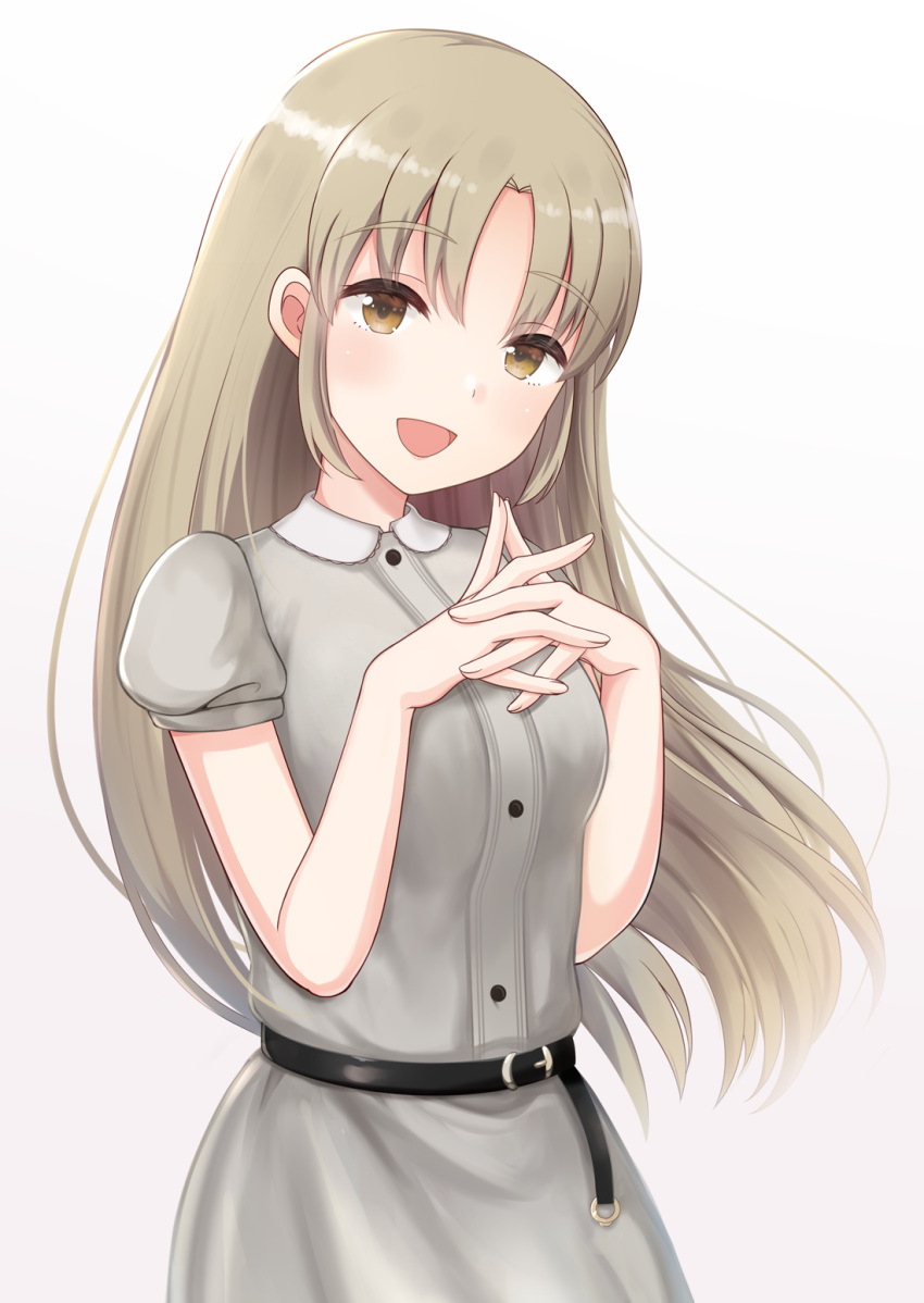 1girl :d bangs belt belt_buckle black_belt blush breasts brown_eyes brown_hair buckle collared_shirt commentary_request dress_shirt fingernails gradient gradient_background grey_background grey_shirt grey_skirt hands_together hands_up highres kirifrog long_hair looking_at_viewer nijisanji open_mouth own_hands_together parted_bangs puffy_short_sleeves puffy_sleeves shirt short_sleeves sidelocks sister_cleaire skirt small_breasts smile solo upper_body very_long_hair virtual_youtuber white_background