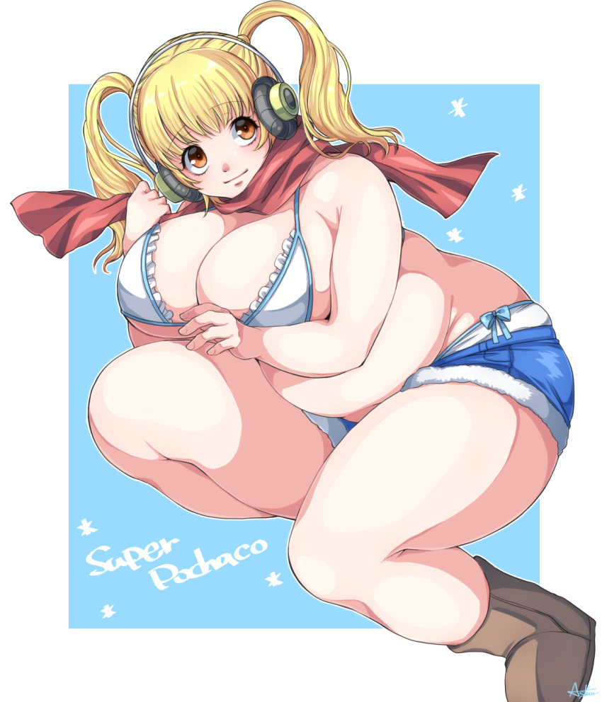 1girl bangs blonde_hair boots bra breasts character_name denim denim_shorts eyebrows_visible_through_hair frilled_bra frills headphones highres holding huge_breasts long_hair looking_to_the_side nitroplus plump ribbon scarf shorts signature solo super_pochaco tareme thick_thighs thighs twintails underwear yellow_eyes yutaka666