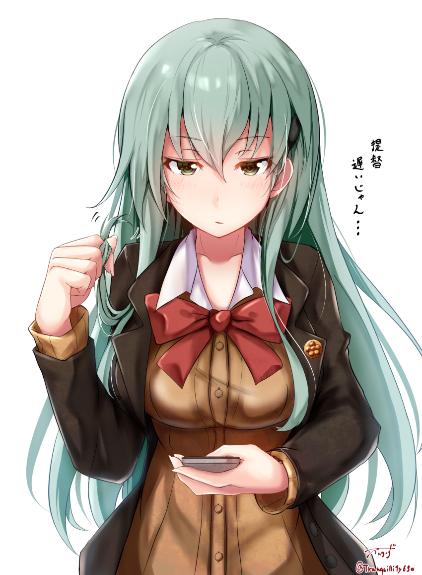 1girl aqua_eyes aqua_hair baileys_(tranquillity650) blush bow bowtie breasts brown_cardigan brown_jacket cellphone collared_shirt commentary hair_ornament hairclip highres holding holding_phone jacket kantai_collection large_breasts long_hair looking_at_phone open_mouth parted_lips phone playing_with_own_hair red_neckwear school_uniform shirt signature simple_background skirt smartphone solo suzuya_(kantai_collection) translated twitter_username white_background white_shirt