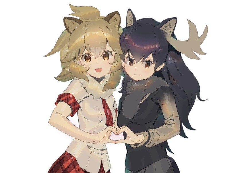 2girls animal_ears antlers blonde_hair brown_hair brown_skirt commentary_request cowboy_shot eyebrows_visible_through_hair fur_collar heart heart_hands heart_hands_duo highres kemono_friends lion_(kemono_friends) lion_ears lion_girl long_hair long_sleeves moose_(kemono_friends) moose_ears multiple_girls necktie open_mouth plaid plaid_neckwear plaid_skirt plaid_trim pleated_skirt scarf short_hair short_sleeves skirt smile sweater tanakalmasaga yellow_eyes yuri