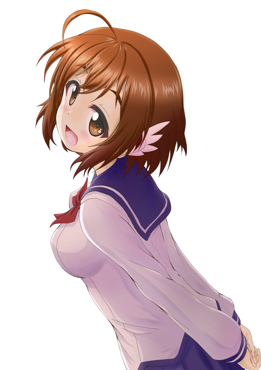 1girl :d absurdres ahoge arms_behind_back bakuon!! blue_skirt brown_eyes brown_hair commentary daxz240r eyebrows_visible_through_hair from_side head_tilt highres leaning_forward light_blush long_sleeves looking_at_viewer neckerchief open_mouth red_neckwear sakura_hane school_uniform serafuku short_hair simple_background skirt smile solo standing upper_body white_background