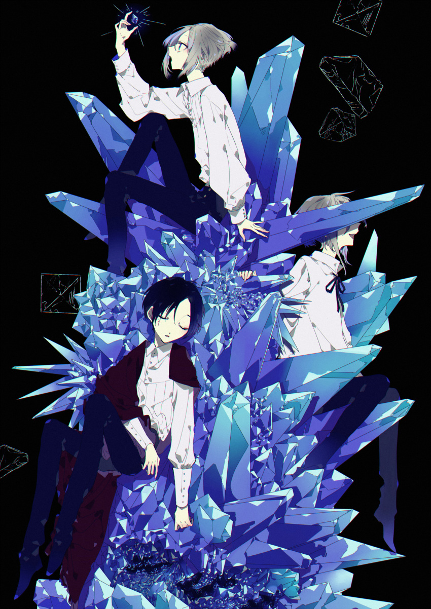 3boys absurdres azusa_(rikuriku) black_hair black_neckwear black_pants closed_eyes collared_shirt commentary_request covered_eyes crystal fangs floating grey_hair highres long_sleeves multiple_boys open_mouth original pants parted_lips profile shirt shirt_tucked_in short_hair smile white_shirt