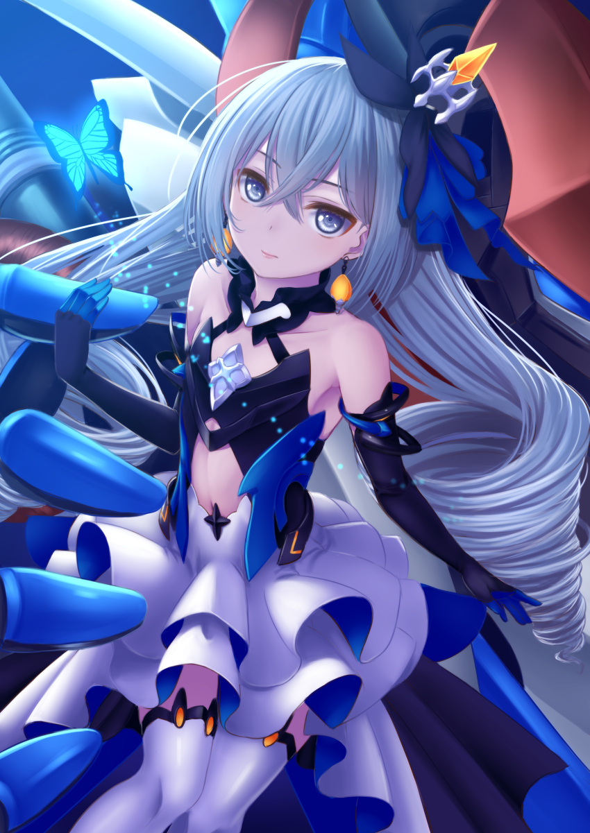 1girl absurdres bangs black_gloves blush breasts bronya_zaychik bronya_zaychik_(herrscher_of_reason) bug butterfly center_opening crossed_bangs dress drill_hair earrings elbow_gloves gloves hair_ornament hand_up highres honkai_(series) honkai_impact_3rd insect jewelry koko_(koko3) layered_dress light_particles long_hair looking_at_viewer project_bunny quad_drills silver_hair small_breasts solo thigh-highs white_legwear