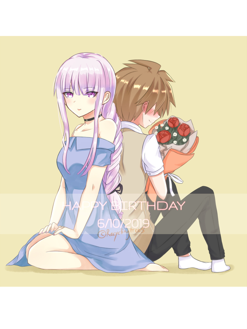 1boy 1girl absurdres alternate_costume bangs bare_shoulders barefoot black_choker black_nails blank_talent blue_dress blush braid breasts brown_hair choker collarbone commentary_request dangan_ronpa dangan_ronpa_1 dated dress eyebrows_visible_through_hair flower happy_birthday highres kirigiri_kyouko long_hair looking_at_viewer medium_breasts naegi_makoto purple_hair red_flower short_hair short_sleeves sitting smile socks white_legwear