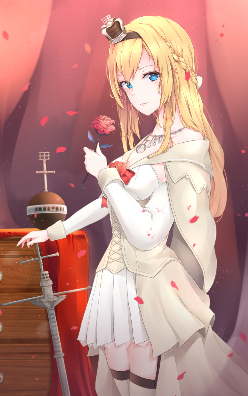 1girl bangs blonde_hair blue_eyes blush braid breasts commentary corset cowboy_shot crown dress eyebrows_visible_through_hair flower french_braid garter_straps highres jenson_tw kantai_collection long_hair long_sleeves looking_at_viewer medium_breasts mini_crown off-shoulder_dress off_shoulder petals red_flower red_ribbon red_rose ribbon rose scepter smile solo standing thigh-highs warspite_(kantai_collection) white_dress white_legwear