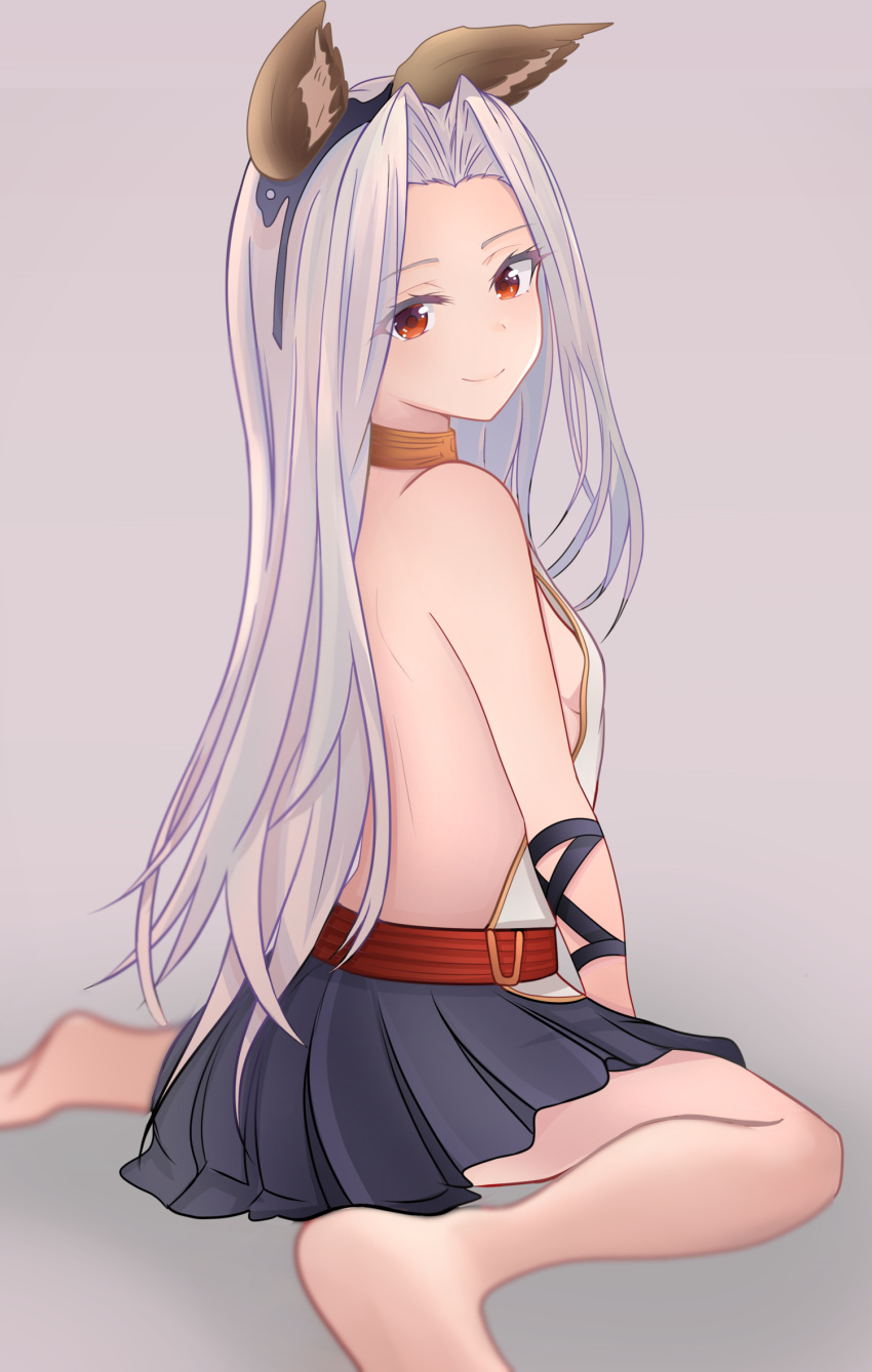 1girl backless_outfit bare_legs bare_shoulders breasts erune granblue_fantasy hair_intakes highres long_hair looking_at_viewer mahdi red_eyes scathacha_(granblue_fantasy) sideboob silver_hair sitting skirt small_breasts smile solo wariza