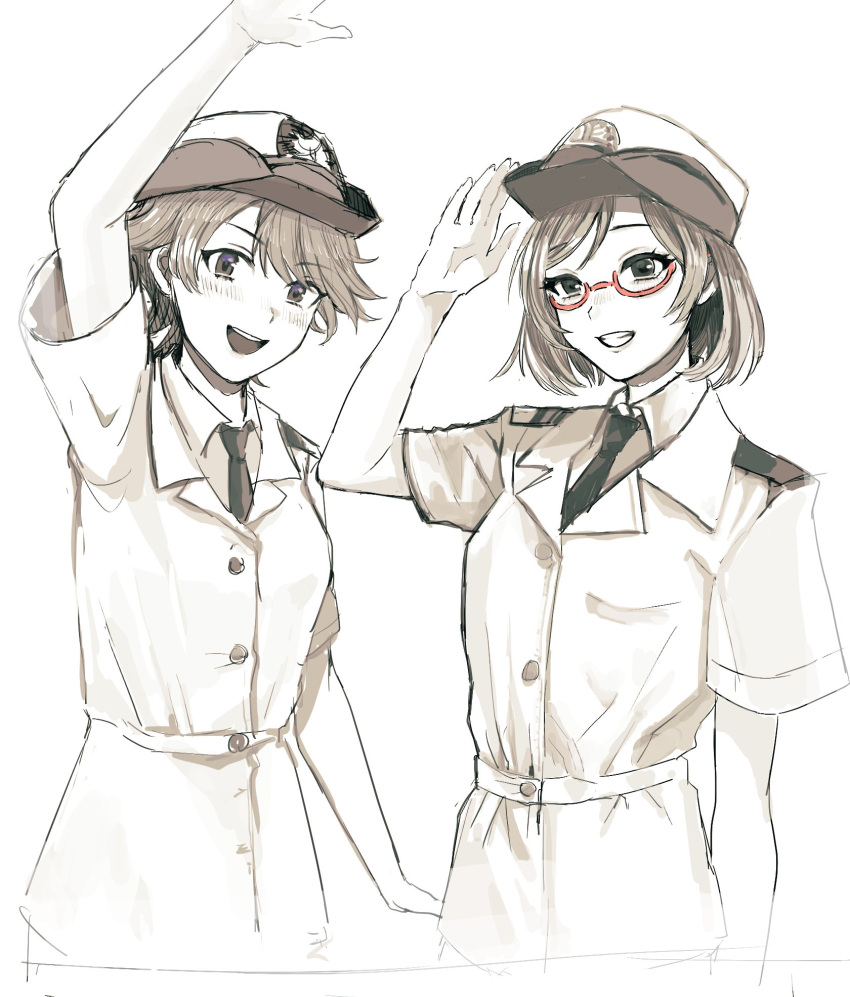 2girls arm_up bangs blush breast_pocket buttons collared_shirt commentary commentary_request cropped_torso epaulettes eyebrows_visible_through_hair glasses grin hagioshi hair_between_eyes hat hiei_(kantai_collection) highres kantai_collection kirishima_(kantai_collection) looking_at_viewer military military_hat military_jacket military_uniform multiple_girls naval_uniform necktie open_mouth peaked_cap pocket red-framed_eyewear round_teeth salute semi-rimless_eyewear shirt short_hair short_sleeves simple_background smile swept_bangs teeth under-rim_eyewear uniform white_background