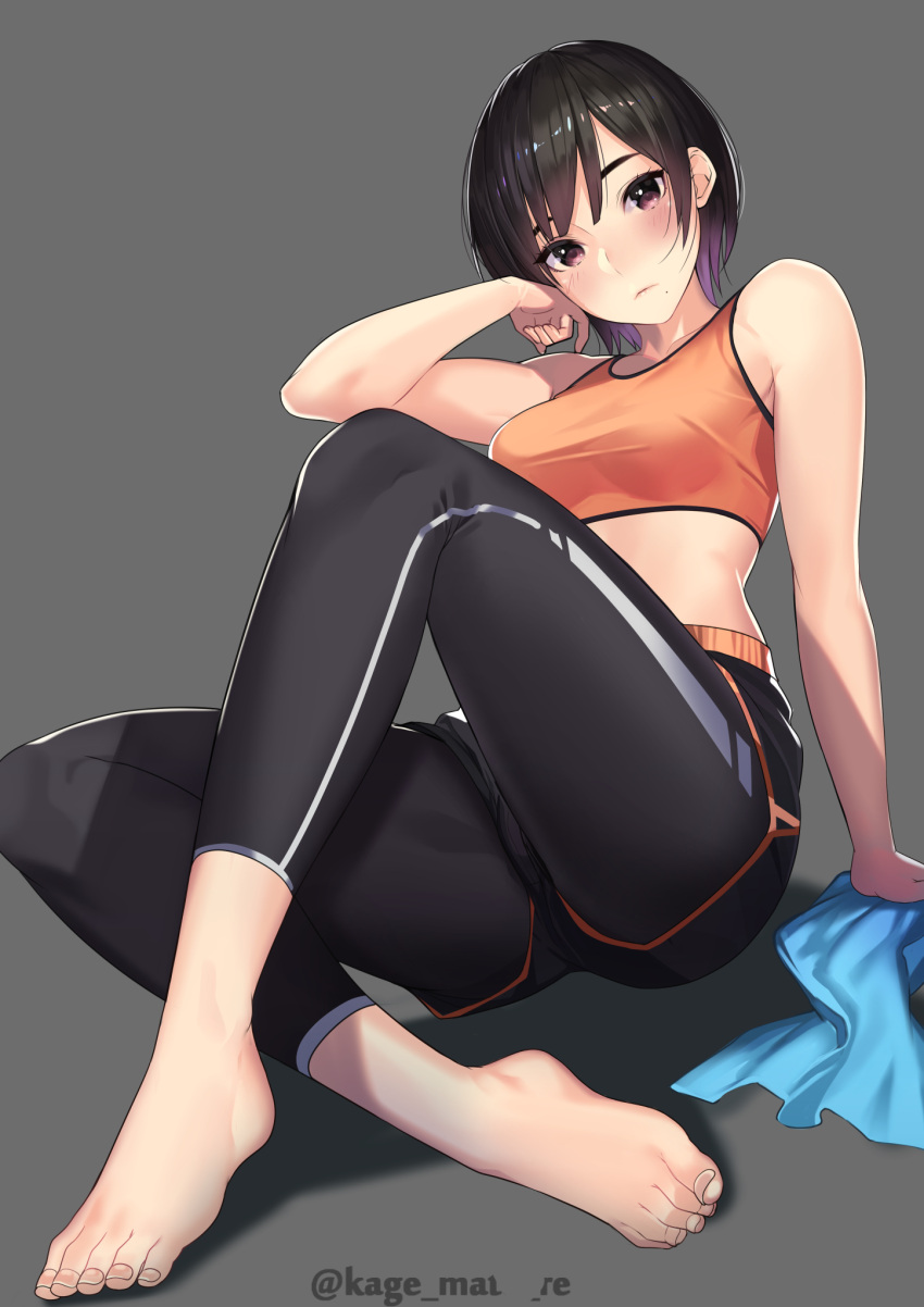 1girl arm_support arm_up barefoot black_hair black_legwear blush closed_mouth collarbone expressionless feet grey_background highres kagematsuri leggings mole mole_under_mouth original purple_hair short_hair simple_background solo sports_bra twitter_username