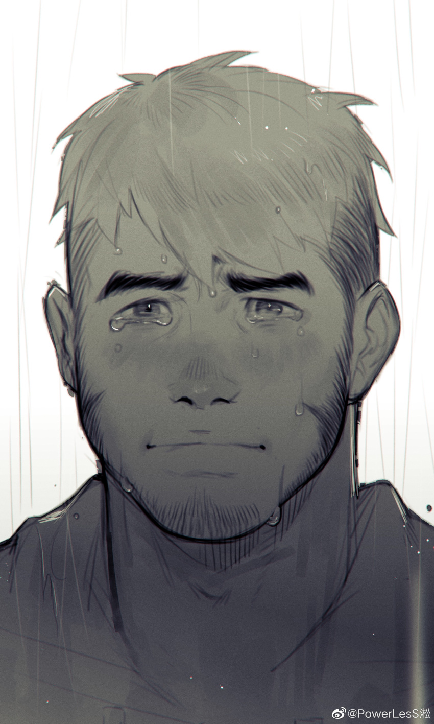1boy absurdres blush crying crying_with_eyes_open face facial_hair frown greyscale highres hood hoodie long_sideburns looking_at_viewer male_focus monochrome original portrait powerlesssong rain short_hair sideburns solo stubble tears undercut wet wet_hair