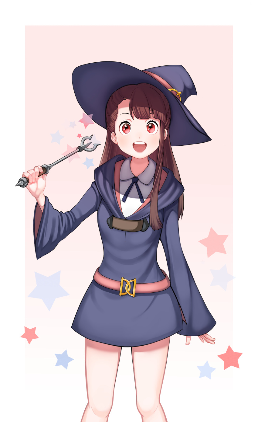 1girl absurdres bangs black_headwear brown_hair commentary_request hat highres holding holding_wand kagari_atsuko little_witch_academia long_hair looking_at_viewer red_eyes sleeves_past_wrists smile solo standing star upper_teeth wand witch_hat yuno65