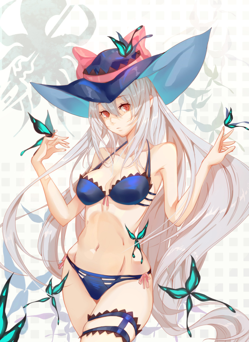 1girl absurdres alternate_costume arknights bikini blue_bikini blue_butterfly blue_headwear bow breasts bug butterfly butterfly_on_hand cowboy_shot hat hat_bow highres insect kongshushiwo long_hair looking_at_viewer medium_breasts pink_bow red_eyes silver_hair simple_background skadi_(arknights) solo standing swimsuit tan tanline thigh_strap very_long_hair white_background