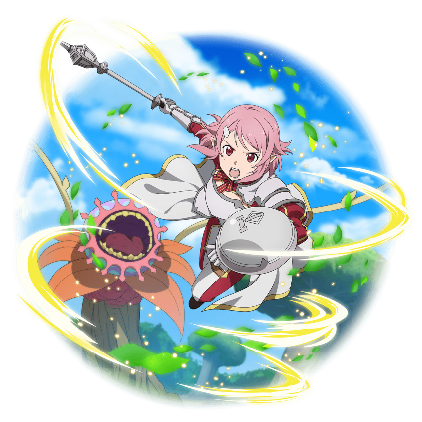 1girl breastplate cape floating_hair freckles highres holding holding_shield lisbeth_(sao-alo) looking_at_viewer mace neck_ribbon official_art open_mouth panties pink_hair pointy_ears red_ribbon ribbon shield shiny shiny_hair short_hair shoulder_armor solo striped striped_ribbon sword_art_online transparent_background underwear waist_cape weapon white_cape white_panties