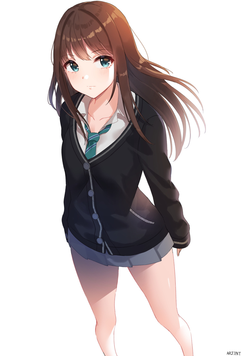 1girl absurdres arjent artist_name bangs black_cardigan blue_eyes brown_hair cardigan closed_mouth collared_shirt eyebrows_visible_through_hair floating_hair green_neckwear grey_skirt highres idolmaster idolmaster_cinderella_girls long_hair long_sleeves looking_at_viewer miniskirt necktie open_cardigan open_clothes pleated_skirt shibuya_rin shiny shiny_hair shiny_skin shirt simple_background skirt solo standing striped striped_neckwear very_long_hair white_background white_shirt wing_collar