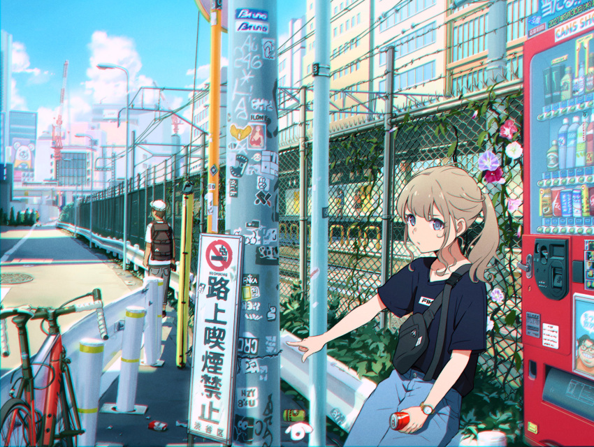 1boy 1girl 5114ave absurdres bicycle black_shirt brown_hair can east_japan_railway_company fence ground_vehicle guard_rail highres holding holding_can light_brown_hair looking_at_viewer original ponytail shirt sidelocks solo_focus t-shirt train train_station vending_machine watch watch