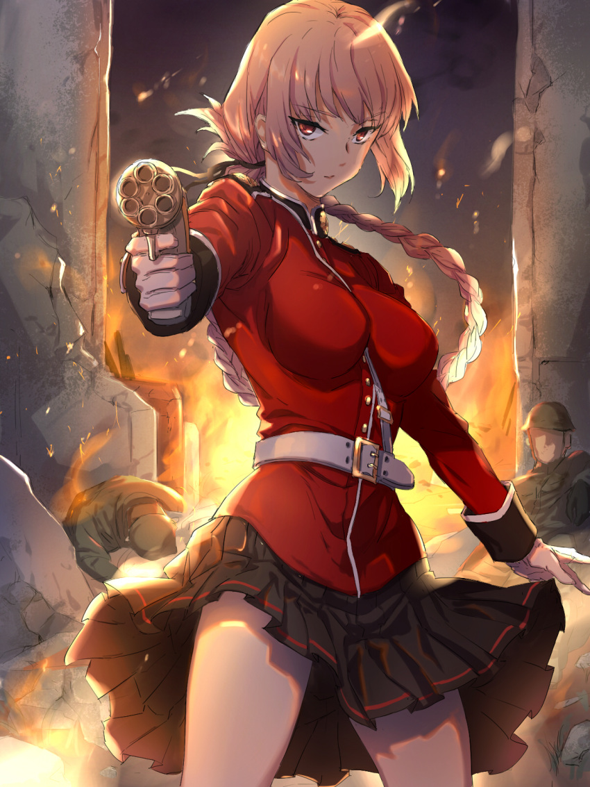 1girl 2boys bangs belt belt_buckle black_skirt braided_ponytail breasts breasts_apart buckle closed_mouth corpse cowboy_shot eyebrows_visible_through_hair fate/grand_order fate_(series) firing_at_viewer floating_hair florence_nightingale_(fate/grand_order) gloves gun hajimetakadai highres holding holding_gun holding_weapon jacket long_hair long_sleeves looking_at_viewer medium_breasts military_jacket miniskirt multiple_boys pleated_skirt ponytail red_eyes red_jacket silver_hair skirt solo_focus standing tied_hair very_long_hair weapon white_belt white_gloves