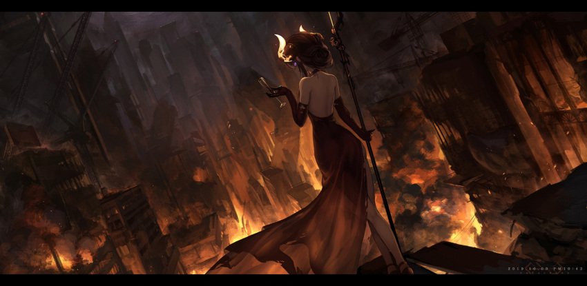 1girl ass bare_shoulders brown_hair building burning cityscape commentary crane crossed_legs cup cupping_glass curled_horns dated dress dutch_angle elbow_gloves fire from_behind gloves glowing glowing_eyes hair_bun highres holding holding_cup horns jakoujika letterboxed looking_away original outdoors profile red_dress red_gloves skindentation skyscraper sleeveless sleeveless_dress smoke solo standing torn_clothes torn_dress violet_eyes