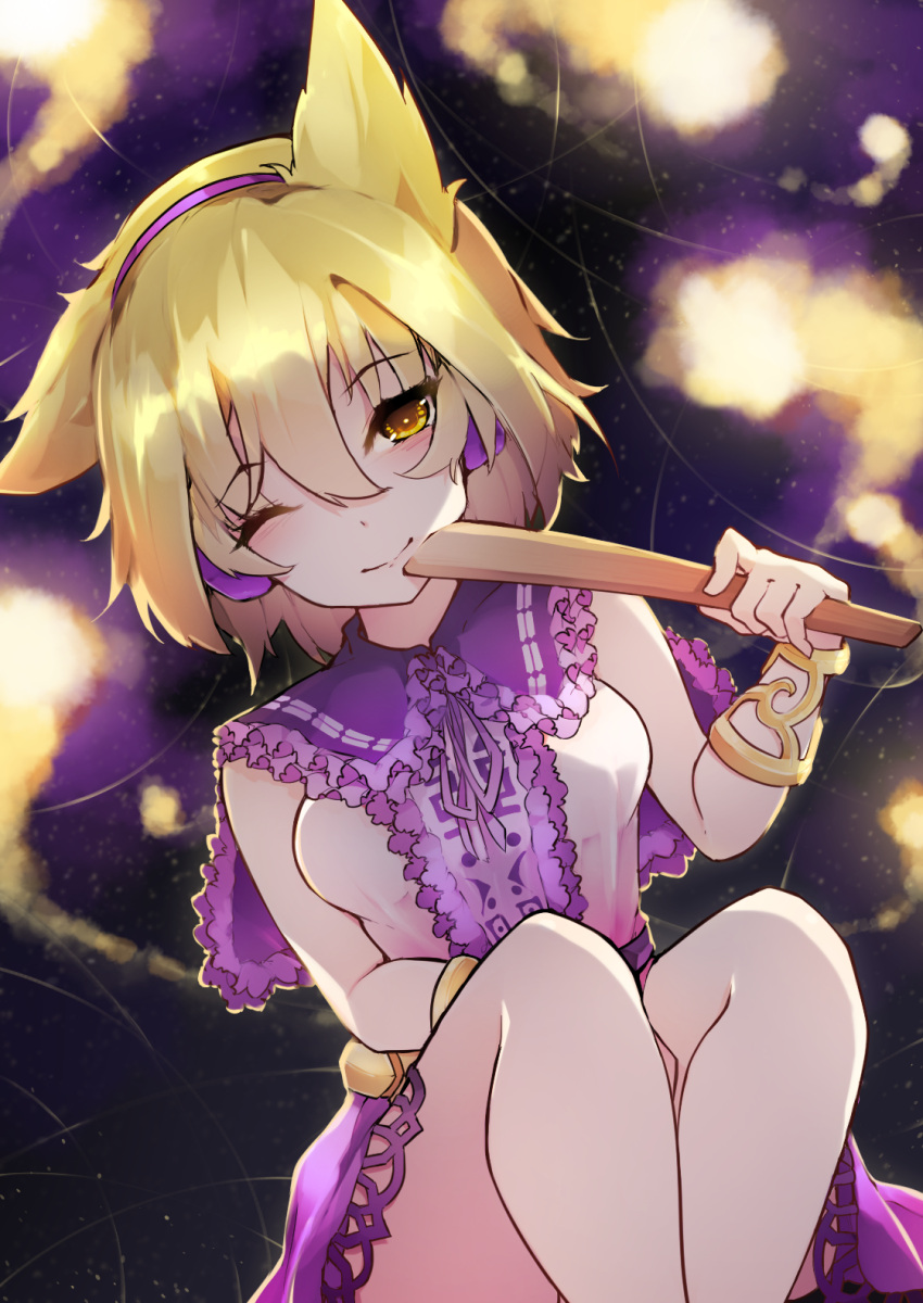 1girl ;) bangle bangs blonde_hair blush bracelet breasts center_frills chiroru_(cheese-roll) commentary earmuffs eyebrows_visible_through_hair feet_out_of_frame frilled_shirt_collar frills hair_between_eyes hand_up highres holding jewelry knees_up looking_at_viewer medium_breasts neck_ribbon one_eye_closed pink_shirt pointy_hair purple_neckwear purple_ribbon purple_skirt ribbon ritual_baton shirt short_hair sitting skirt smile solo touhou toyosatomimi_no_miko yellow_belt yellow_eyes