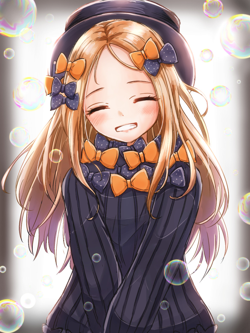 1girl abigail_williams_(fate/grand_order) admjgdme bangs black_bow black_dress black_headwear blonde_hair blush bow bubble bug butterfly closed_eyes commentary dress english_commentary facing_viewer fate/grand_order fate_(series) forehead grin hair_bow hat head_tilt highres insect long_hair long_sleeves orange_bow parted_bangs polka_dot polka_dot_bow sleeves_past_fingers sleeves_past_wrists smile solo upper_body very_long_hair