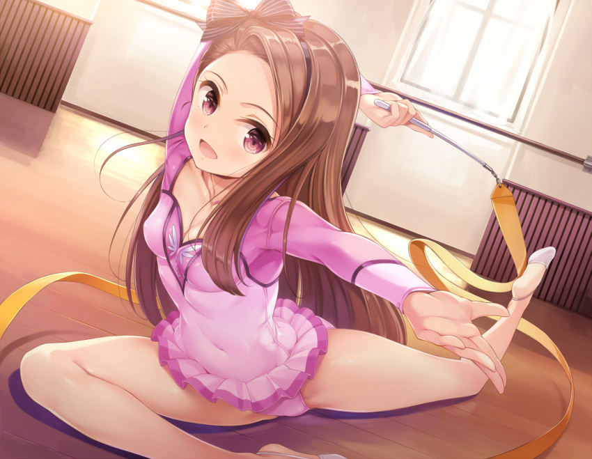 1girl arm_behind_head ballet black_headwear brown_hair collarbone commentary_request covered_navel curtains dutch_angle gymnast_leotard gymnastics hair_over_shoulder hairband half-soles idolmaster indoors leaning_forward leotard long_hair long_sleeves looking_at_viewer minase_iori navel outstretched_arm pink_leotard plantar_flexion reaching_out rhythmic_gymnastics ribbon ribbon_baton shiny shiny_hair spread_legs sunlight thighs violet_eyes window wooden_floor yokaze_japan