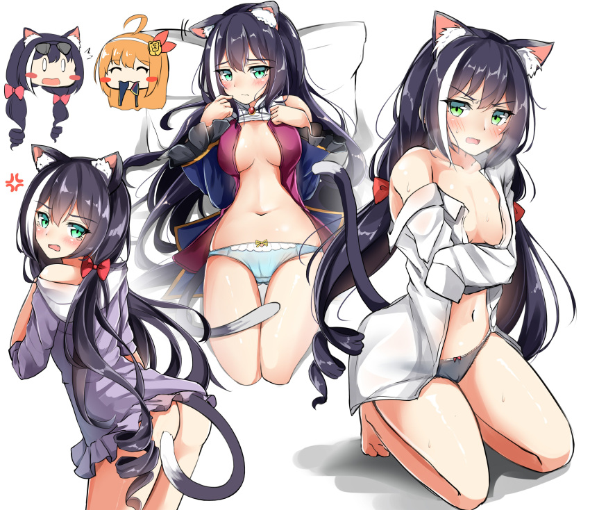 absurdres animal_ear_fluff animal_ears black_hair blue_sleeves blush breasts brown_hair cat_ears cat_girl cat_tail detached_sleeves dress eyewear_on_head green_eyes highres jacket jacket_on_shoulders kyaru_(princess_connect) looking_at_viewer looking_back low_twintails moyoron multicolored_hair open_clothes panties pecorine princess_connect! princess_connect!_re:dive purple_jacket sleeveless sleeveless_dress streaked_hair sunglasses tail thigh-highs twintails underwear white_hair
