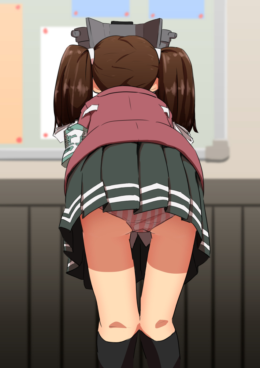 1girl absurdres armband ass bent_over black_legwear black_skirt brown_hair bulletin_board feet_out_of_frame from_behind highres indoors japanese_clothes kantai_collection kariginu kneehighs knees_together_feet_apart long_hair long_sleeves miniskirt namakura_neo panties pleated_skirt ryuujou_(kantai_collection) safety_pin skirt solo striped striped_panties thigh_gap twintails underwear upskirt visor_cap wainscoting
