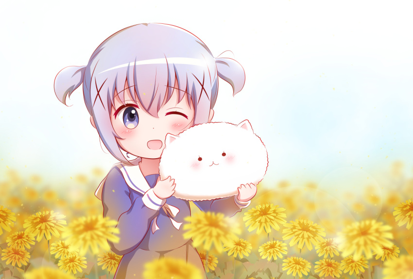 1girl ;d angora_rabbit animal bangs blue_dress blue_eyes blue_hair blurry blurry_background blurry_foreground blush commentary_request dandelion day depth_of_field dress eyebrows_visible_through_hair field flower flower_field gochuumon_wa_usagi_desu_ka? goth_risuto hair_between_eyes hands_up holding holding_animal kafuu_chino long_sleeves looking_at_viewer one_eye_closed open_mouth outdoors rabbit sailor_collar sailor_dress sidelocks smile tippy_(gochiusa) two_side_up white_sailor_collar yellow_flower