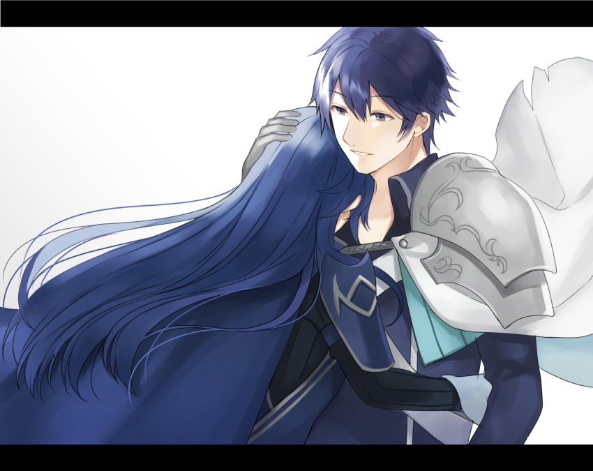 1boy 1girl adult armor aym_(ash3ash3ash) blue_eyes blue_hair cape chrom_(fire_emblem) closed_eyes commentary_request family father_and_daughter fire_emblem fire_emblem:_kakusei fire_emblem_awakening fire_emblem_heroes fire_emblem_warriors gloves hug intelligent_systems krom letterboxed long_hair lucina lucina_(fire_emblem) nintendo open_mouth short_hair simple_background smile super_smash_bros. sword teenage tiara weapon