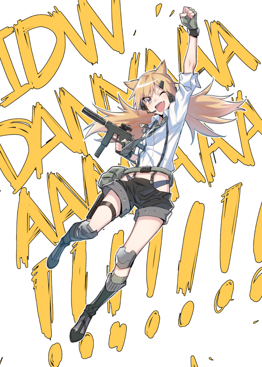 1girl animal_ears arm_up blonde_hair blue_eyes cat_ears cat_girl clenched_hand collared_shirt fang fanny_pack fingerless_gloves girls_frontline gloves gun hair_ornament hairclip headset highres idw_(girls_frontline) jumping knee_pads necktie one_eye_closed open_mouth panties parker-hale_idw shirt shorts solo submachine_gun supernew suppressor suspender_shorts suspenders trigger_discipline twintails underwear v-shaped_eyebrows weapon white_shirt