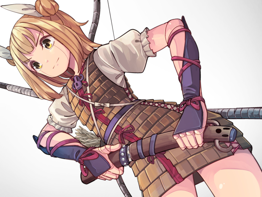 1girl aioi_aoi armor arrow blonde_hair bow_(weapon) commentary doll_joints double_bun dress eyebrows_visible_through_hair hair_ribbon haniwa_(statue) holding holding_sword holding_weapon joutouguu_mayumi quiver ribbon sheath shirt short_hair short_sleeves simple_background solo sword touhou unsheathing vambraces weapon white_background white_ribbon white_shirt yellow_dress yellow_eyes